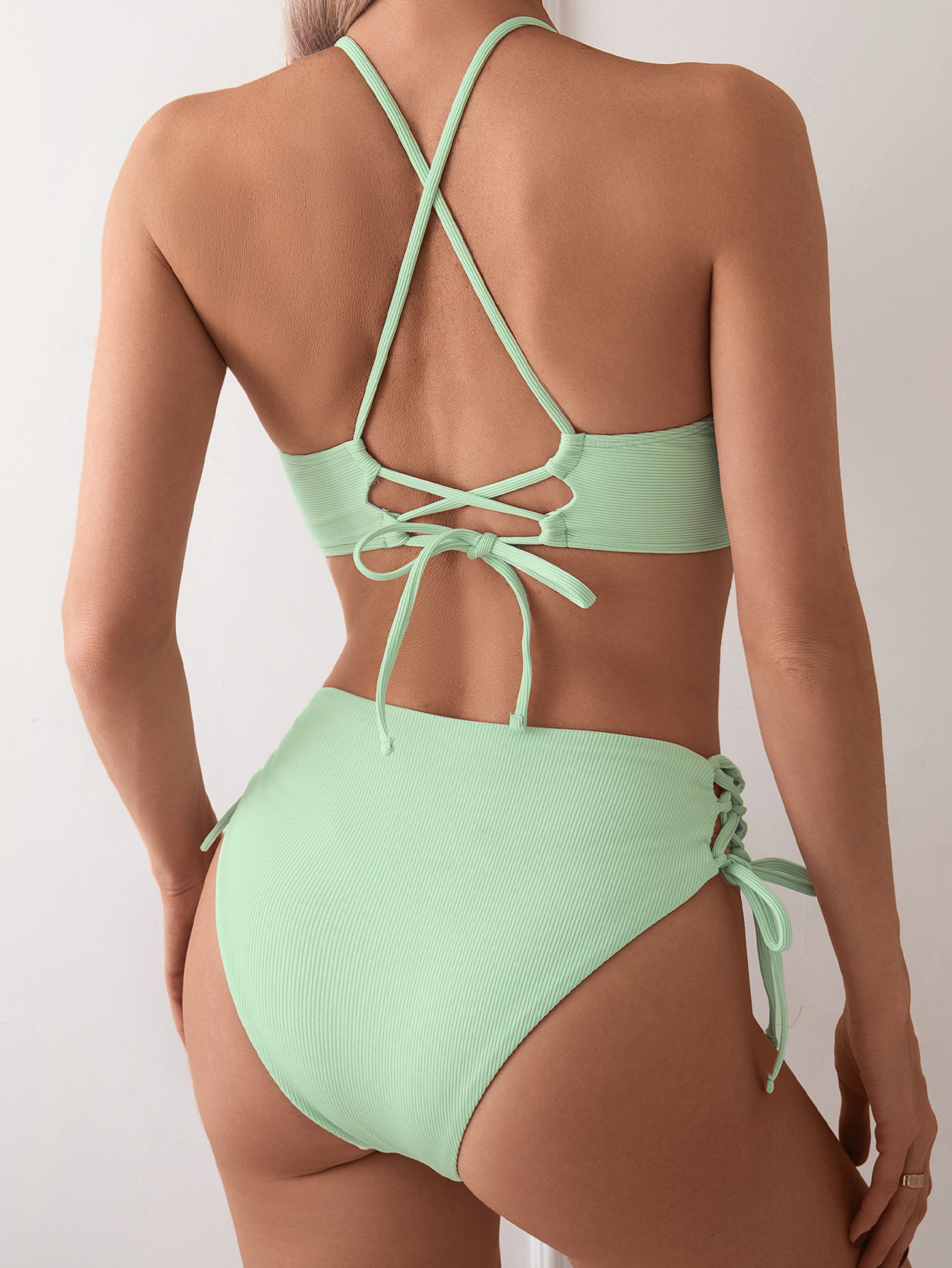 AliExpress Cikini-V-Neck Split Bikini Set for Women, Sexy Swimsuit, Lace Up, Triangular Bikinis, Solid Color, Beach Swimwear, Bathing Suit, view 4