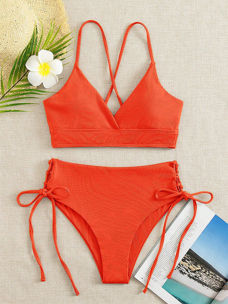AliExpress Cikini-V-Neck Split Bikini Set for Women, Sexy Swimsuit, Lace Up, Triangular Bikinis, Solid Color, Beach Swimwear, Bathing Suit, view 5