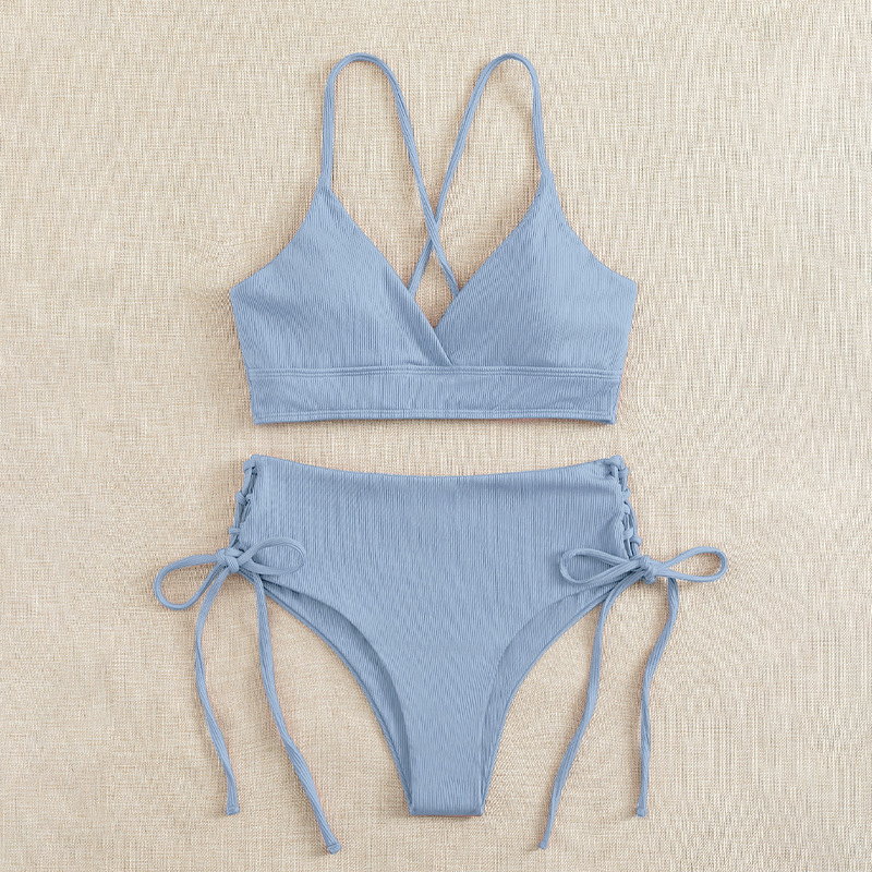AliExpress Cikini-V-Neck Split Bikini Set for Women, Sexy Swimsuit, Lace Up, Triangular Bikinis, Solid Color, Beach Swimwear, Bathing Suit, view 6