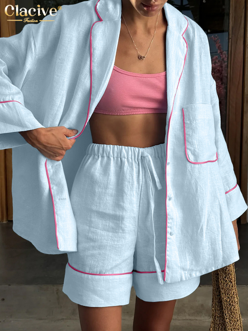 AliExpress Clacive Fashion Loose Blue Cotton Home Women's Two Pieces Set 2025 Elegant Long Sleeve Shirt With High Waist Shorts Set Female