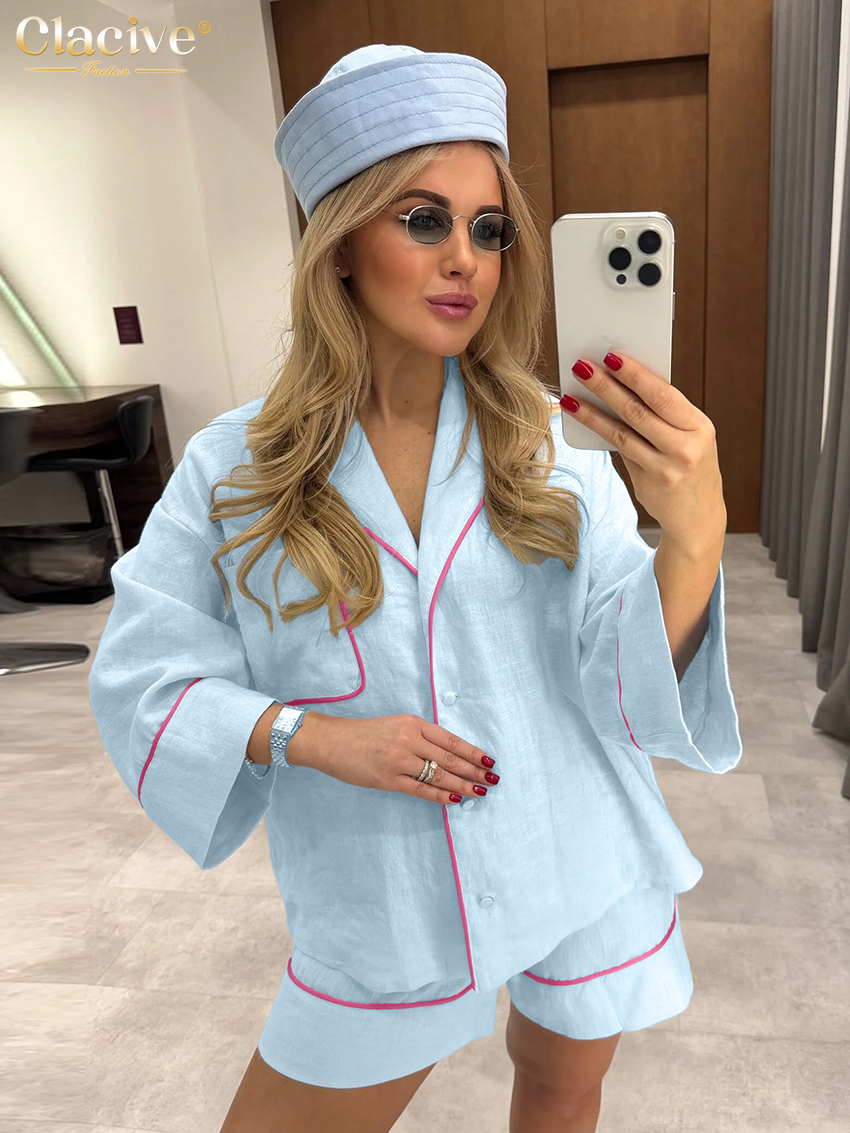 AliExpress Clacive Fashion Loose Blue Cotton Home Women's Two Pieces Set 2025 Elegant Long Sleeve Shirt With High Waist Shorts Set Female, view 2