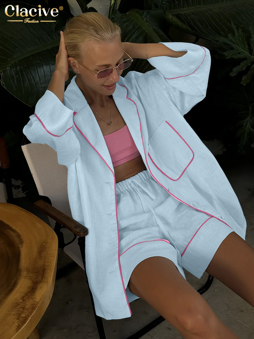 AliExpress Clacive Fashion Loose Blue Cotton Home Women's Two Pieces Set 2025 Elegant Long Sleeve Shirt With High Waist Shorts Set Female, view 3
