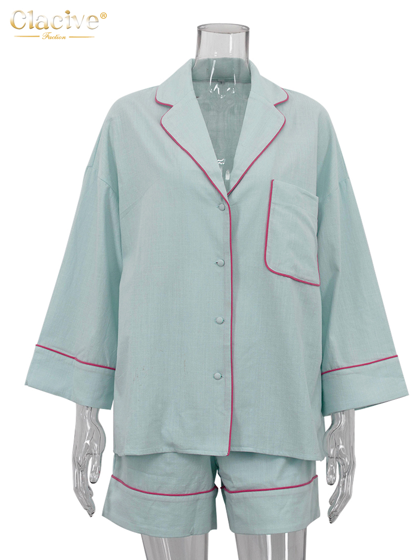 AliExpress Clacive Fashion Loose Blue Cotton Home Women's Two Pieces Set 2025 Elegant Long Sleeve Shirt With High Waist Shorts Set Female, view 4