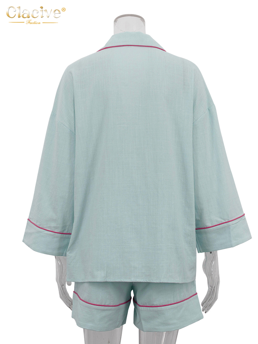 AliExpress Clacive Fashion Loose Blue Cotton Home Women's Two Pieces Set 2025 Elegant Long Sleeve Shirt With High Waist Shorts Set Female, view 5