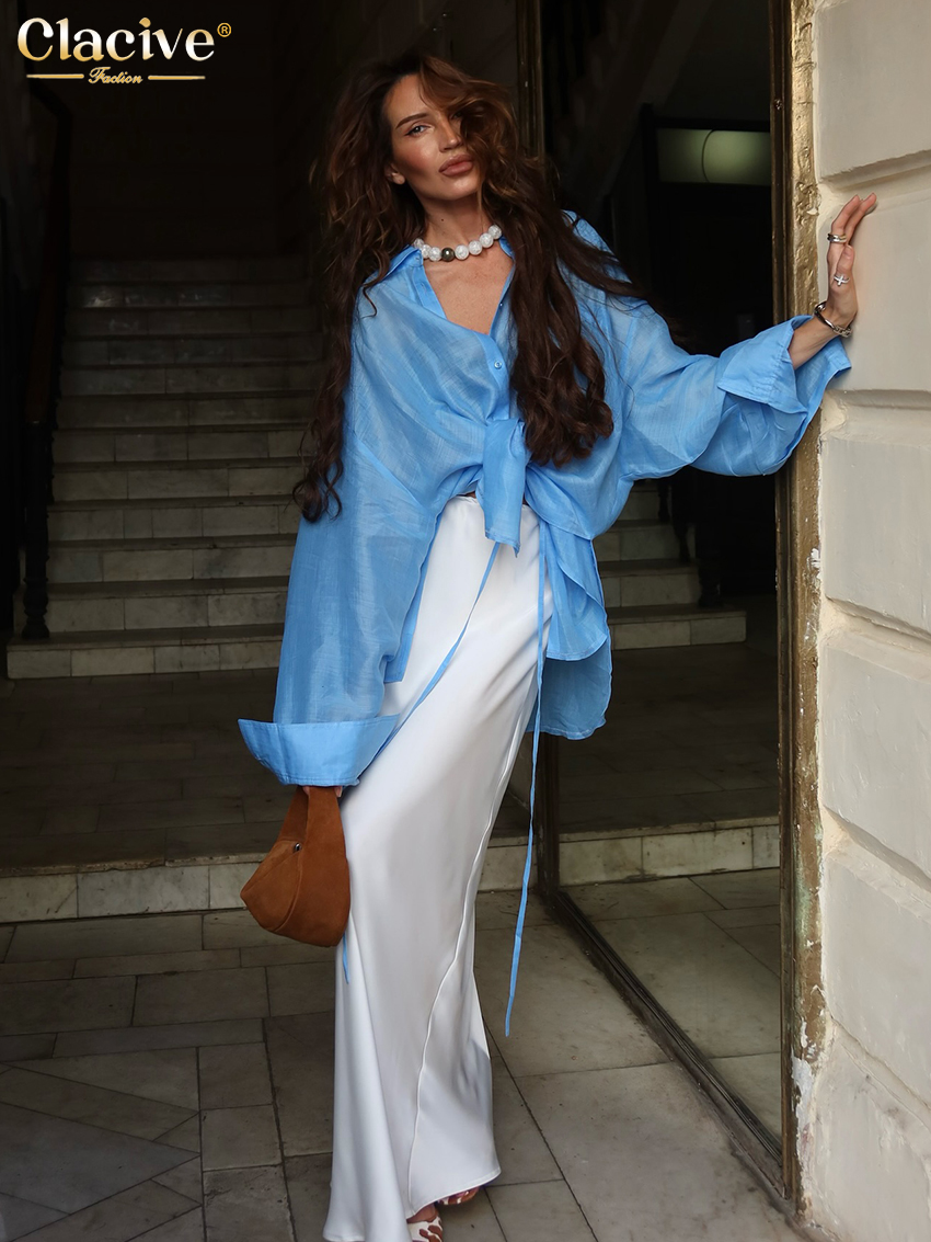 AliExpress Clacive Fashion Loose Blue Women's Blouse 2025 Sexy Lapel Long Sleeve Shirt Elegant Classic Solid Blusas Tops Female Clothing, view 5
