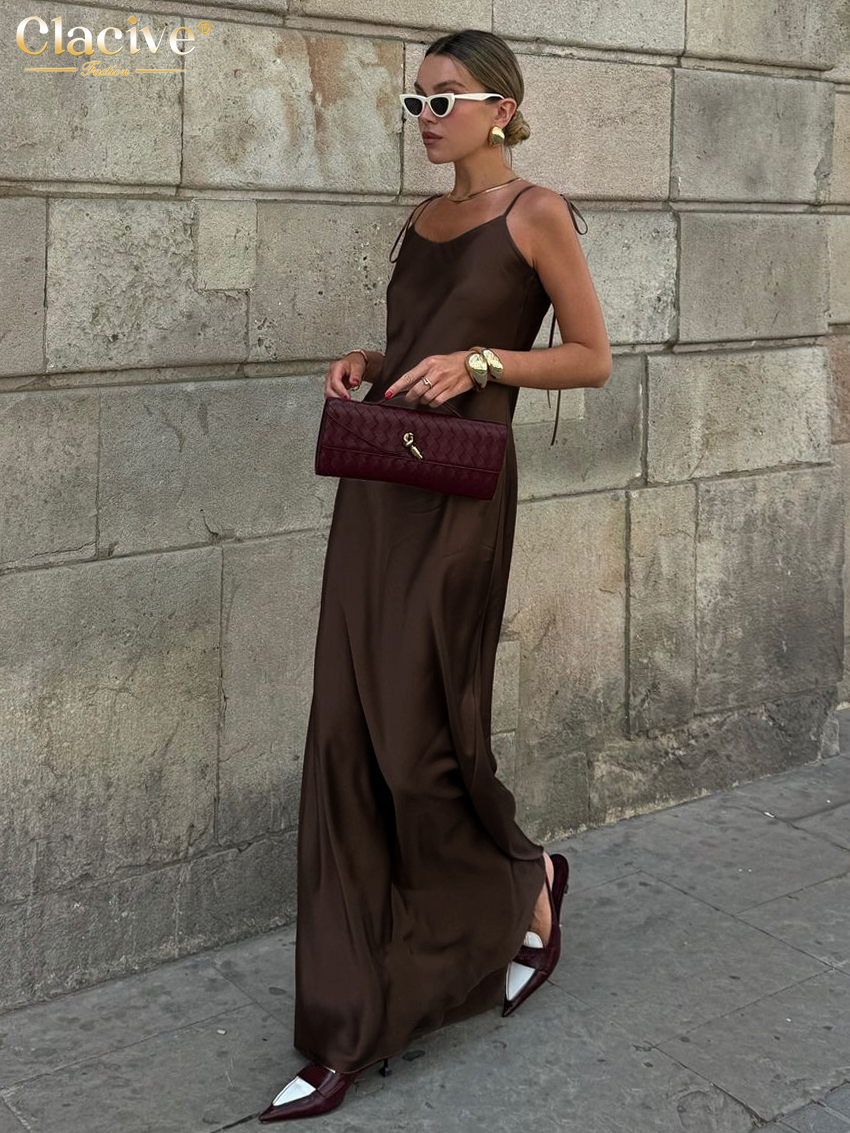 AliExpress Clacive Fashion Loose Brown Satin Womens Dresses 2025 Summer Strap Sleeveless Floor Length Dress Sexy Backless Female Dress