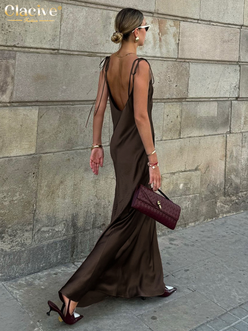 AliExpress Clacive Fashion Loose Brown Satin Womens Dresses 2025 Summer Strap Sleeveless Floor Length Dress Sexy Backless Female Dress, view 2