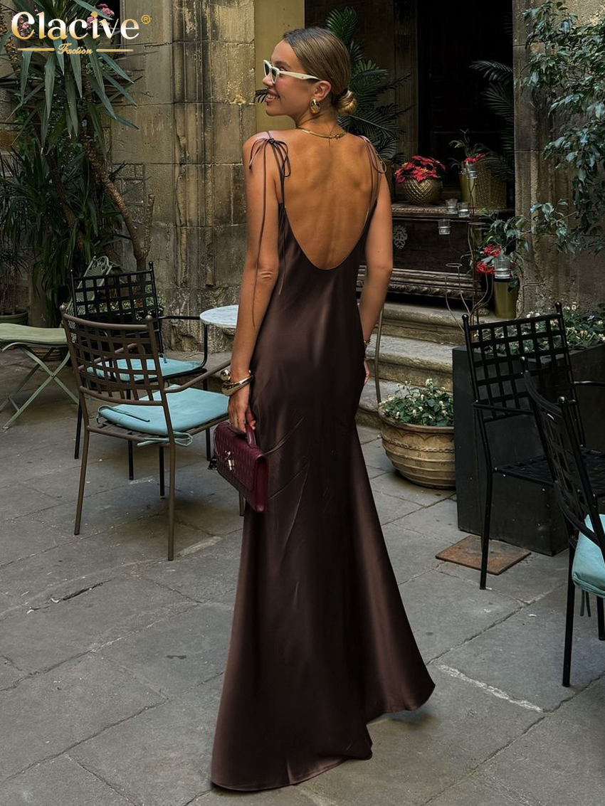 AliExpress Clacive Fashion Loose Brown Satin Womens Dresses 2025 Summer Strap Sleeveless Floor Length Dress Sexy Backless Female Dress, view 3