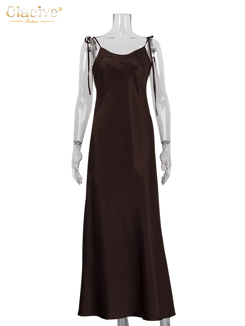 AliExpress Clacive Fashion Loose Brown Satin Womens Dresses 2025 Summer Strap Sleeveless Floor Length Dress Sexy Backless Female Dress, view 5