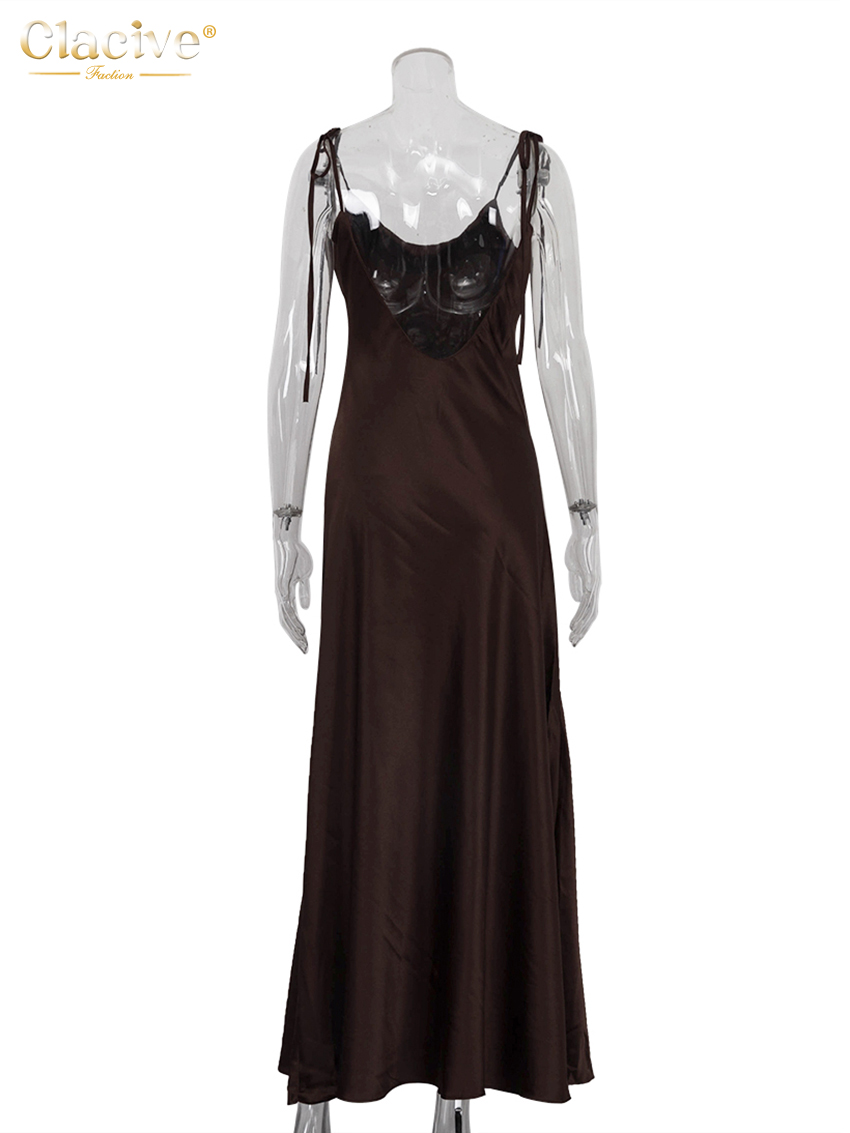 AliExpress Clacive Fashion Loose Brown Satin Womens Dresses 2025 Summer Strap Sleeveless Floor Length Dress Sexy Backless Female Dress, view 6