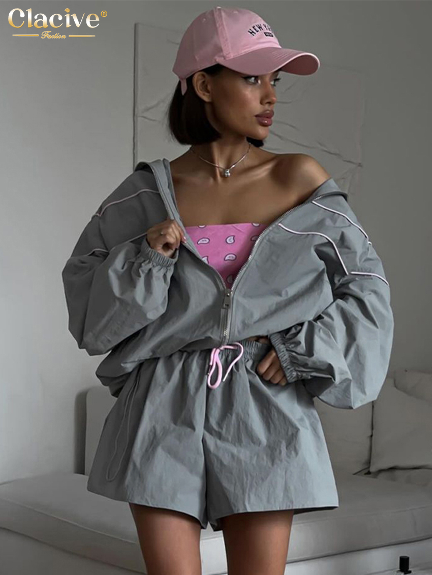 AliExpress Clacive Fashion Loose Gray 2 Piece Sets Women Outfit 2024 Elegant Long Sleeve Shirt With High Waist Shorts Set Female Streetwear