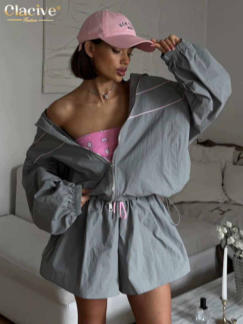 AliExpress Clacive Fashion Loose Gray 2 Piece Sets Women Outfit 2024 Elegant Long Sleeve Shirt With High Waist Shorts Set Female Streetwear, view 2