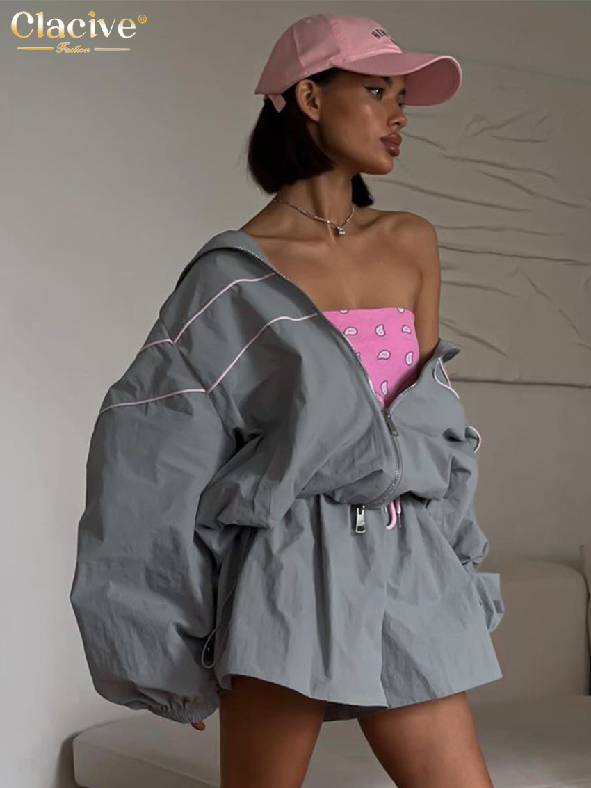 AliExpress Clacive Fashion Loose Gray 2 Piece Sets Women Outfit 2024 Elegant Long Sleeve Shirt With High Waist Shorts Set Female Streetwear, view 3