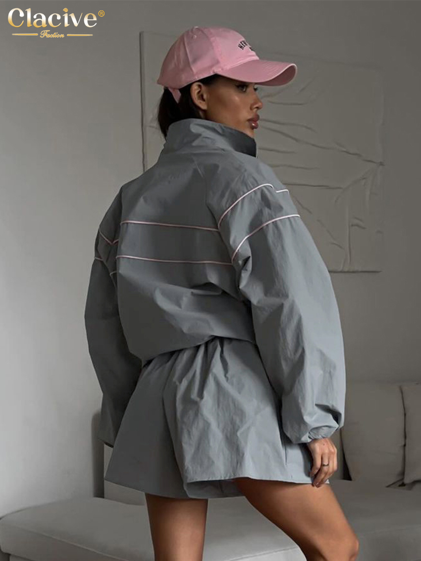 AliExpress Clacive Fashion Loose Gray 2 Piece Sets Women Outfit 2024 Elegant Long Sleeve Shirt With High Waist Shorts Set Female Streetwear, view 4
