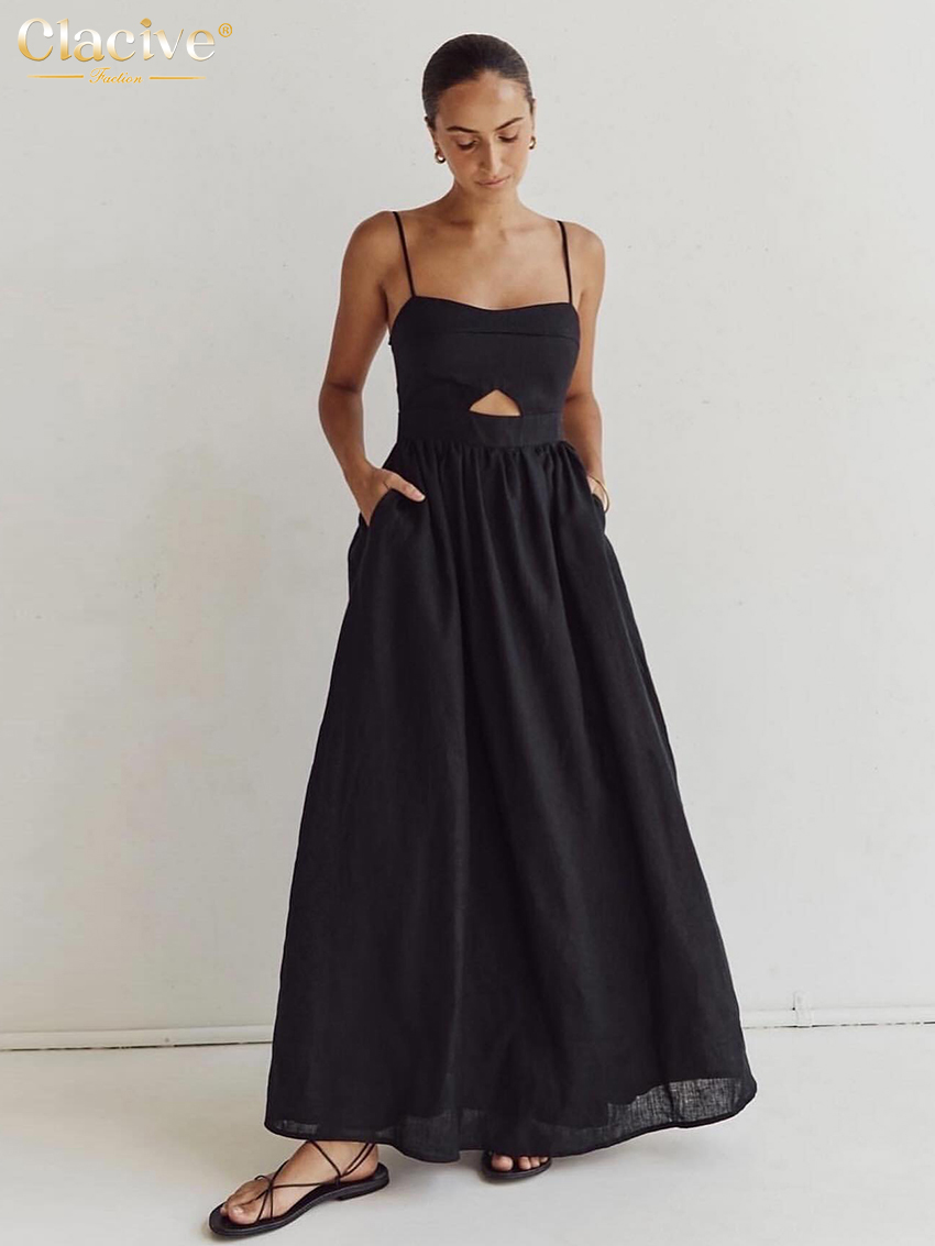 AliExpress Clacive Sexy Loose Black Cotton Womens Dresses 2024 Summer Strap Sleeveless Ankle Length Dress Elegant Hollow Out Female Dress