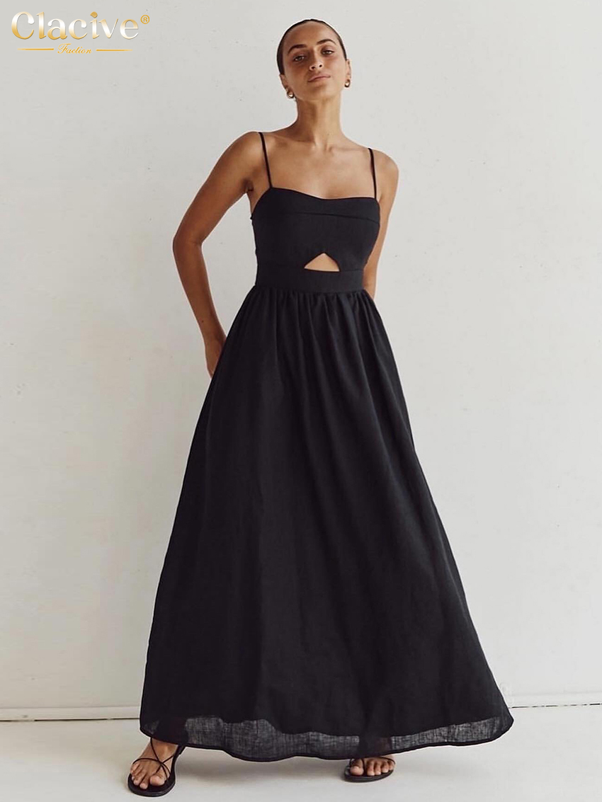 AliExpress Clacive Sexy Loose Black Cotton Womens Dresses 2024 Summer Strap Sleeveless Ankle Length Dress Elegant Hollow Out Female Dress, view 2