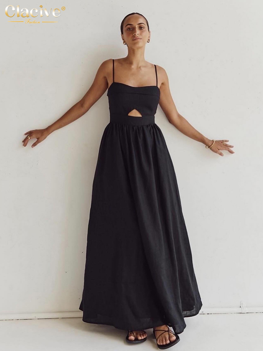AliExpress Clacive Sexy Loose Black Cotton Womens Dresses 2024 Summer Strap Sleeveless Ankle Length Dress Elegant Hollow Out Female Dress, view 3