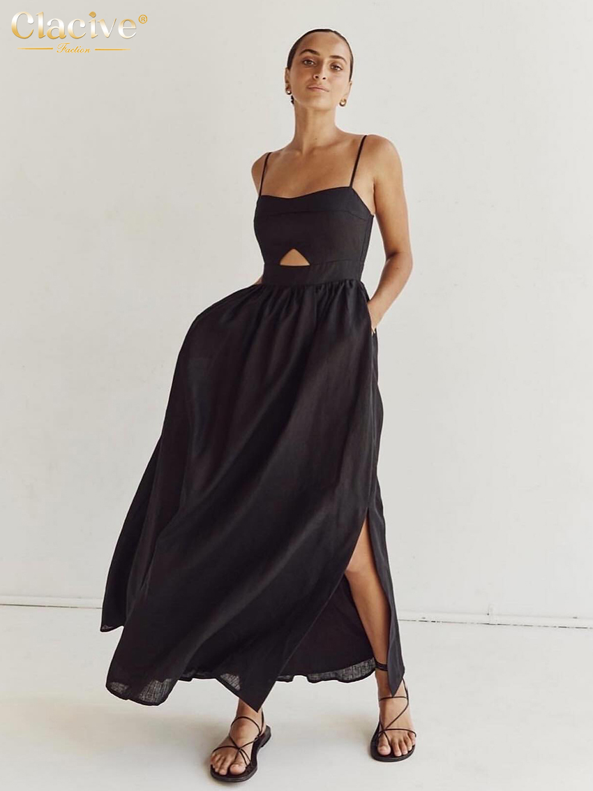 AliExpress Clacive Sexy Loose Black Cotton Womens Dresses 2024 Summer Strap Sleeveless Ankle Length Dress Elegant Hollow Out Female Dress, view 4
