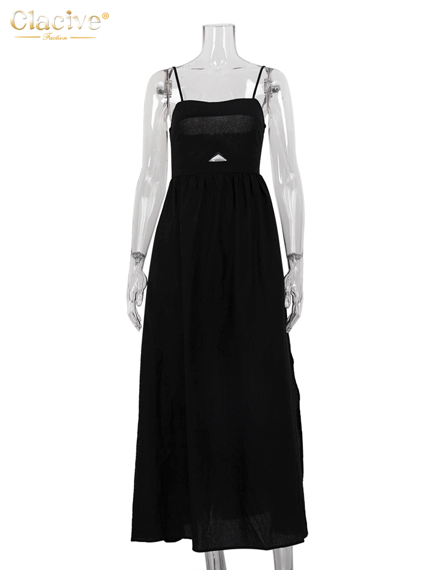 AliExpress Clacive Sexy Loose Black Cotton Womens Dresses 2024 Summer Strap Sleeveless Ankle Length Dress Elegant Hollow Out Female Dress, view 5