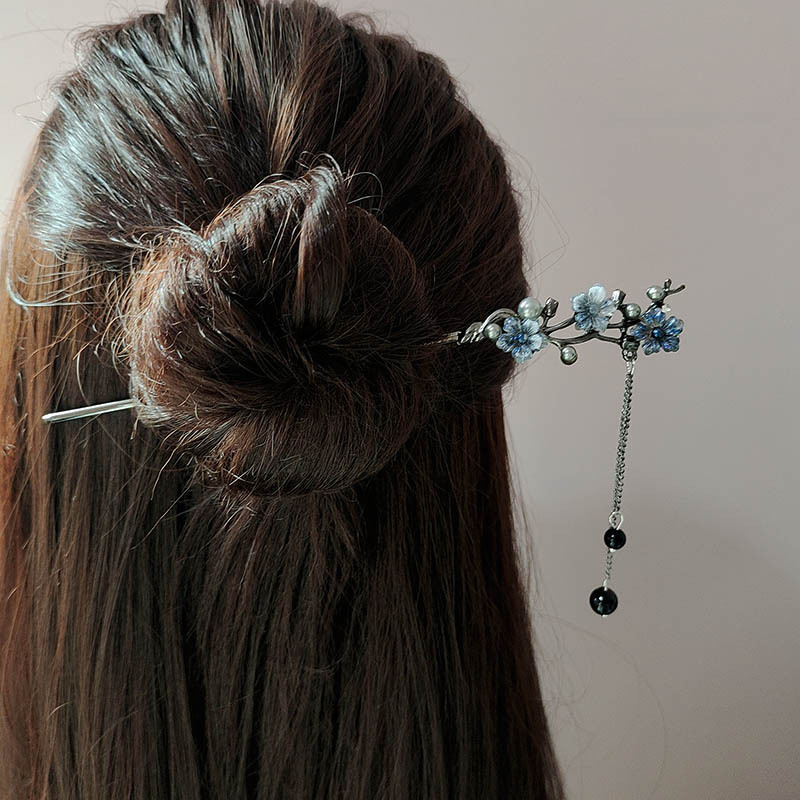 AliExpress Metal Hair Stick with Ink Flower and Pearl Fringe, view 3