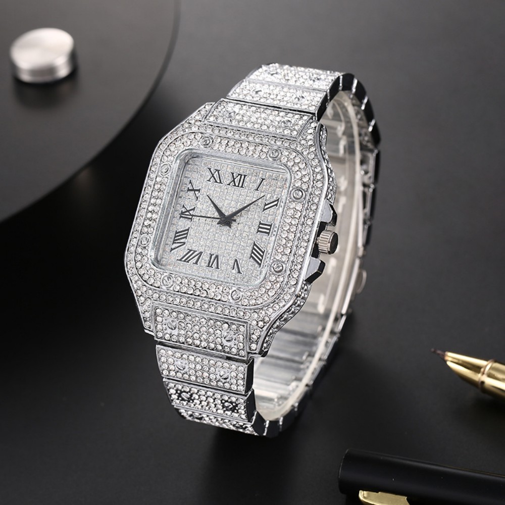 AliExpress Men's Square Roman-Dial Rhinestone Quartz Watch, view 4