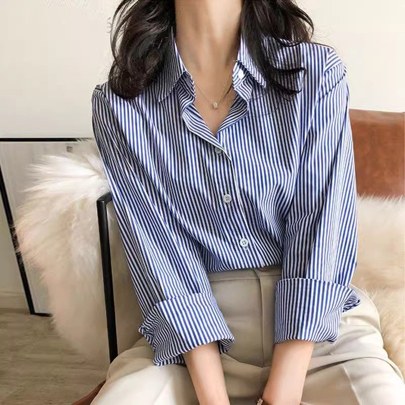 AliExpress Classic Striped Woman Spring Autumn Blouses Shirt Lady Long Lantern Sleeve Stand Collar Loose Blusas Tops