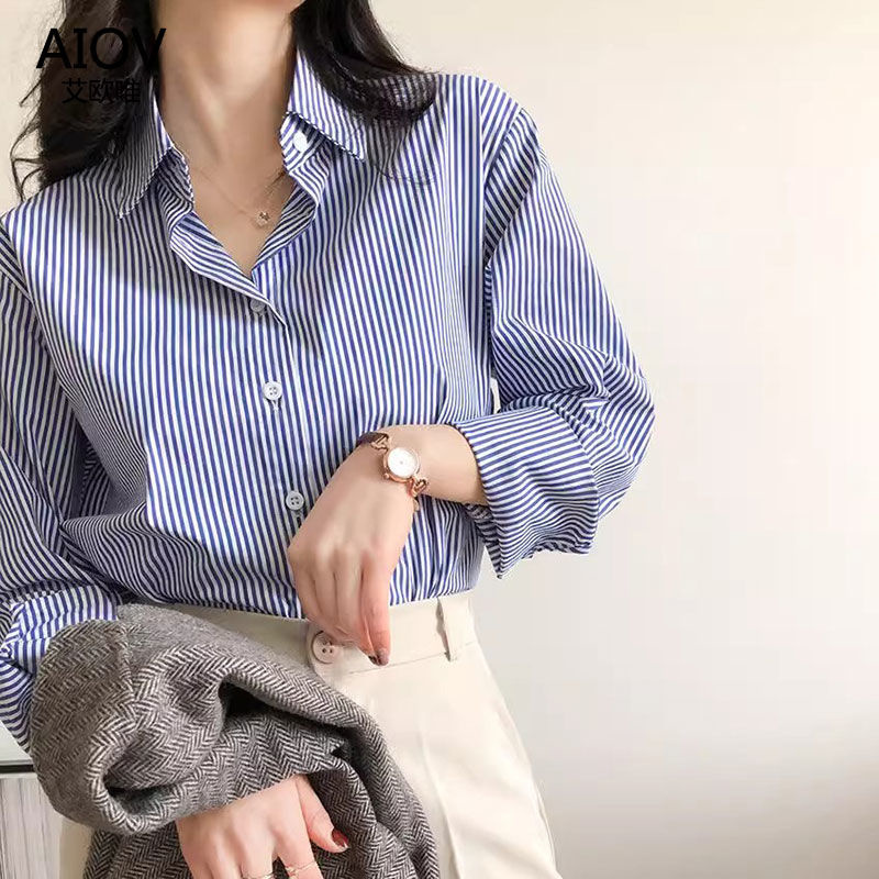 AliExpress Classic Striped Woman Spring Autumn Blouses Shirt Lady Long Lantern Sleeve Stand Collar Loose Blusas Tops, view 2