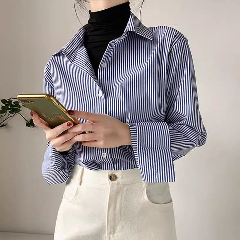 AliExpress Classic Striped Woman Spring Autumn Blouses Shirt Lady Long Lantern Sleeve Stand Collar Loose Blusas Tops, view 3