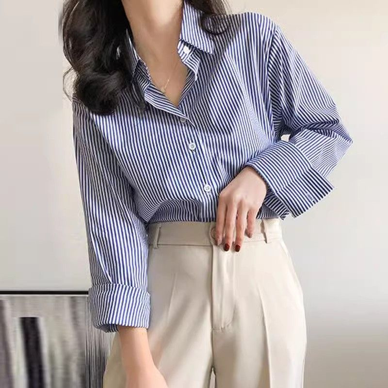 AliExpress Classic Striped Woman Spring Autumn Blouses Shirt Lady Long Lantern Sleeve Stand Collar Loose Blusas Tops, view 4