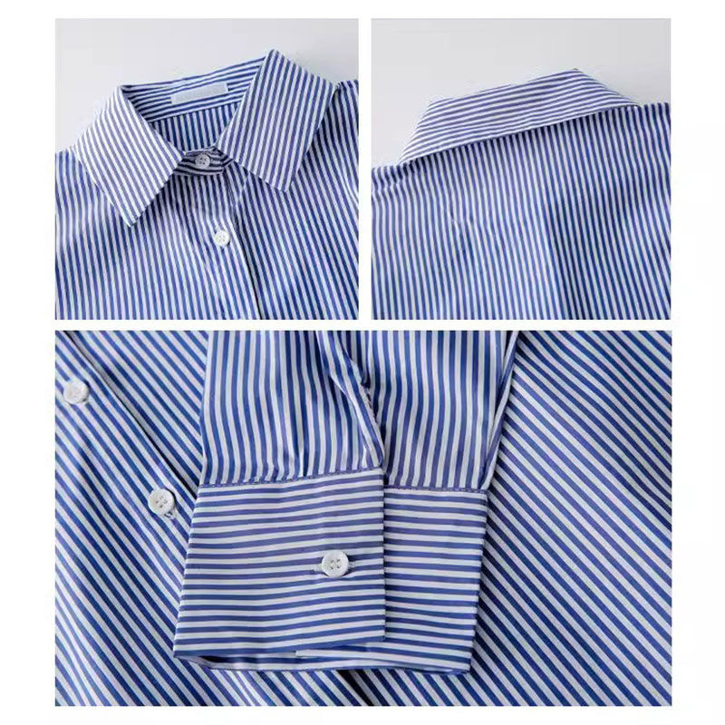 AliExpress Classic Striped Woman Spring Autumn Blouses Shirt Lady Long Lantern Sleeve Stand Collar Loose Blusas Tops, view 6