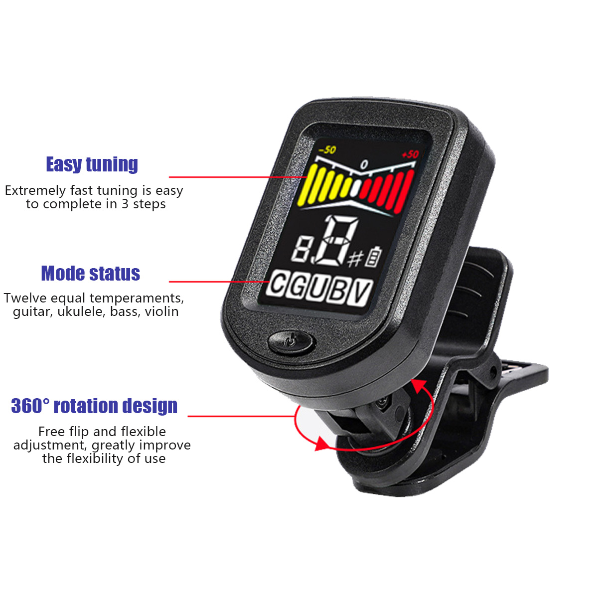 AliExpress Clip-On Guitar Tuner with Regular/Color Screen 360° Rotatable Chromatic Tuner for Guitar, Bass, Ukulele, Violin, view 2