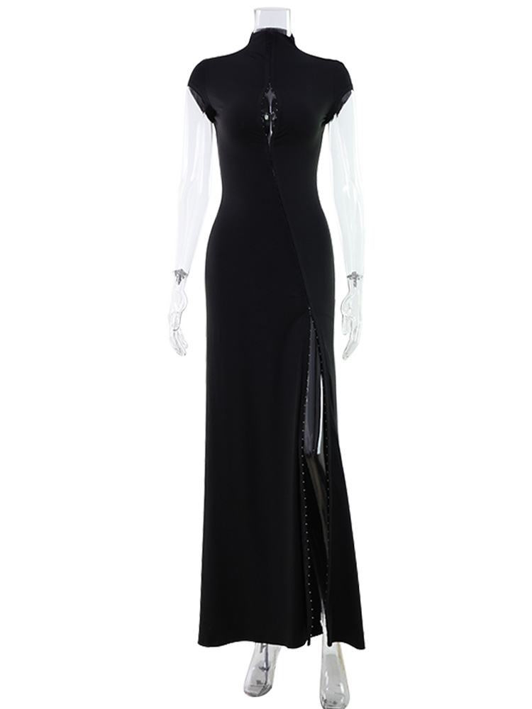 AliExpress CNYISHE Short Sleeve O Neck Women Dresses Split Metal Buckle Solid Sheath Sexy Club Fashion Evening Party Outfits Female Bodycon, view 6