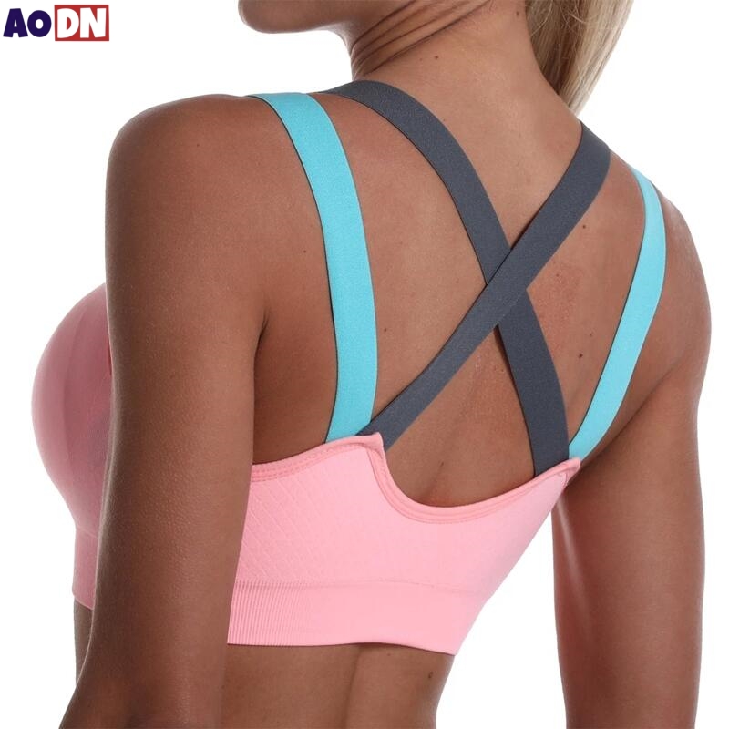 AliExpress Color Blocked Cross Beautiful back Sports Bra Without Steel Ring Yoga Vest Professional Shock Resistant Running Fitness Bralette