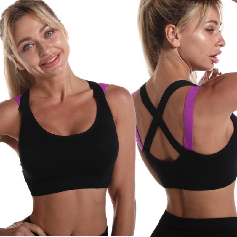 AliExpress Color Blocked Cross Beautiful back Sports Bra Without Steel Ring Yoga Vest Professional Shock Resistant Running Fitness Bralette, view 5