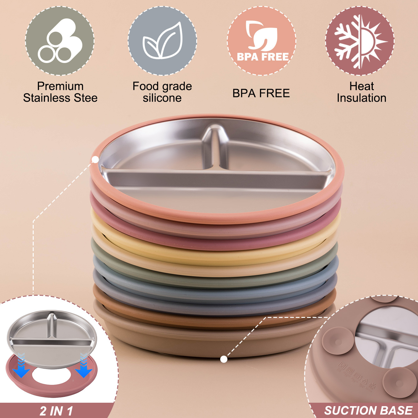 AliExpress Color Kids 1PCS Stainless Steel Plate Detachable Suction Dishes Baby Feeding Sucker Bowl Food Grade Silicone Food Tray Tableware, view 6
