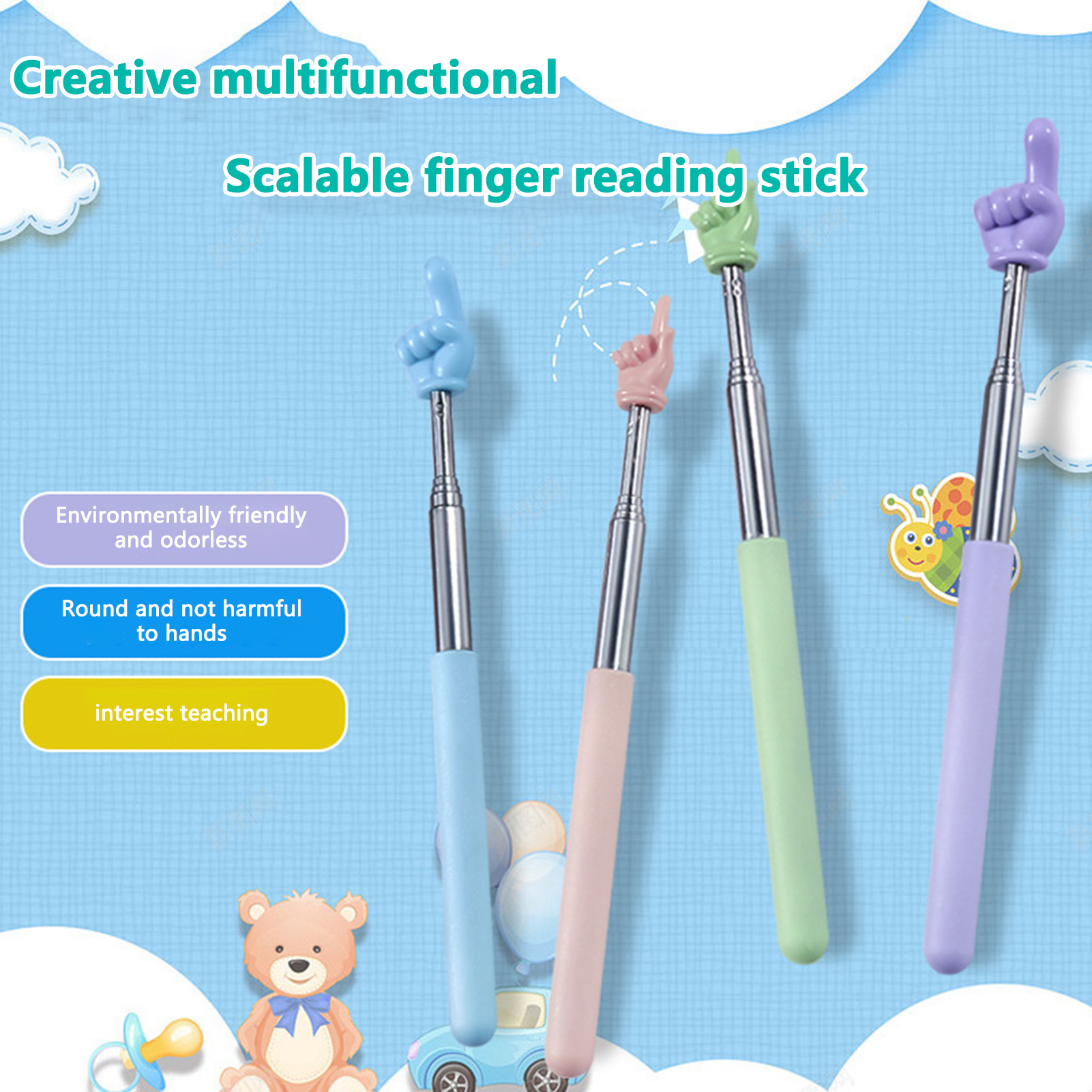AliExpress Colorful Retractable Teachers Pointer Stick Children Finger Pointer Plastic Long Telescoping Hand Pointer For Elementary School, view 4