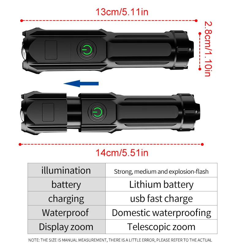 AliExpress Compact USB Charging LED Flashlight Portable Telescopic Zoom Strong Light Focused Long-Range Household Emergency Lighting, view 3