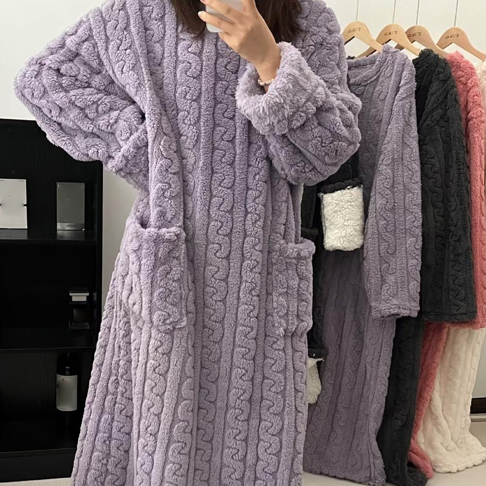 AliExpress Coral Velvet Women's Nightgown Autumn And Winter Long Sleeve Double Pocket Flannel Nightgowns Women Loose Solid Sleepwear