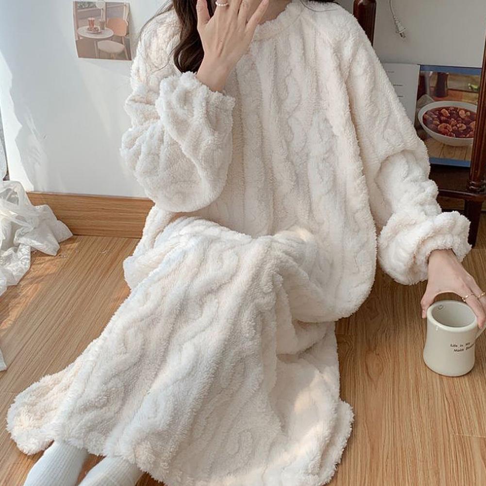 AliExpress Coral Velvet Women's Nightgown Autumn And Winter Long Sleeve Double Pocket Flannel Nightgowns Women Loose Solid Sleepwear, view 2