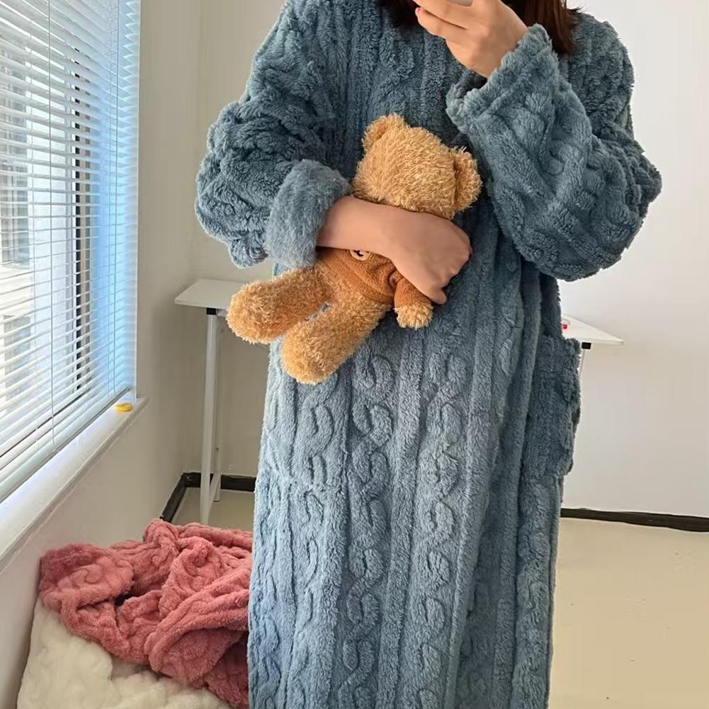 AliExpress Coral Velvet Women's Nightgown Autumn And Winter Long Sleeve Double Pocket Flannel Nightgowns Women Loose Solid Sleepwear, view 3