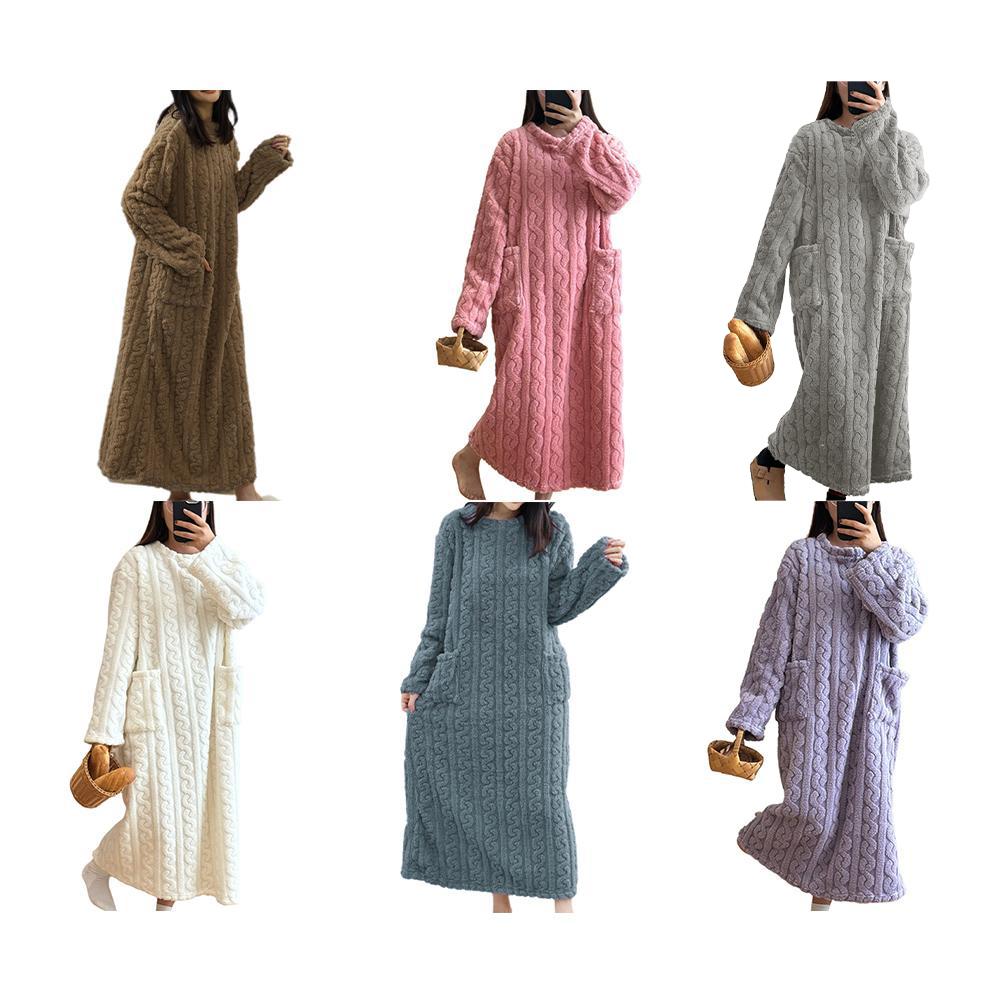 AliExpress Coral Velvet Women's Nightgown Autumn And Winter Long Sleeve Double Pocket Flannel Nightgowns Women Loose Solid Sleepwear, view 5