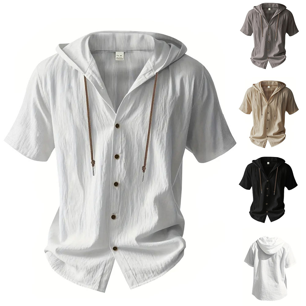 AliExpress Men's Hooded Cotton Linen Short-Sleeve Shirt