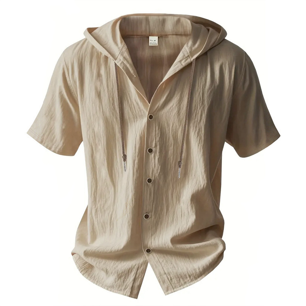 AliExpress Men's Hooded Cotton Linen Short-Sleeve Shirt, view 4