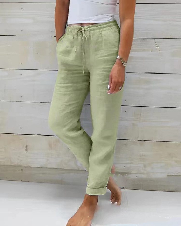 AliExpress Cotton Linen Summer Pants for Women High Waist Elastic Casual Trousers Streetwear Solid Female Clothes 2026 Loose Pencil Pants, view 6