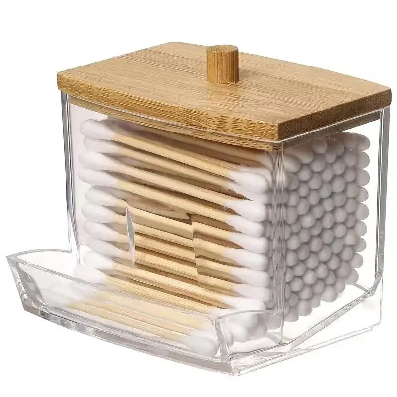 AliExpress Cotton Swab Storage Box Double Head Cotton Buds Container Transparent Square Bamboo Cover Cotton Swab Toothpick Organize Box