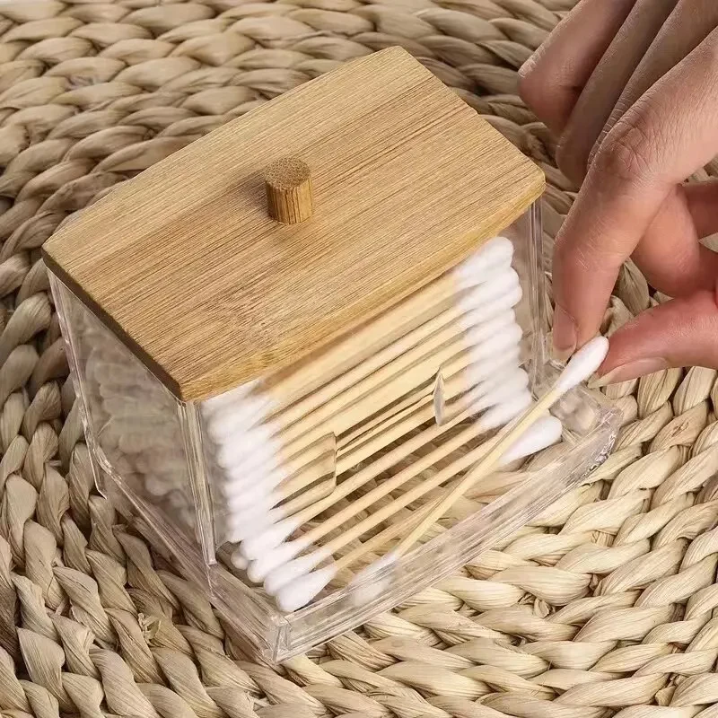 AliExpress Cotton Swab Storage Box Double Head Cotton Buds Container Transparent Square Bamboo Cover Cotton Swab Toothpick Organize Box, view 2