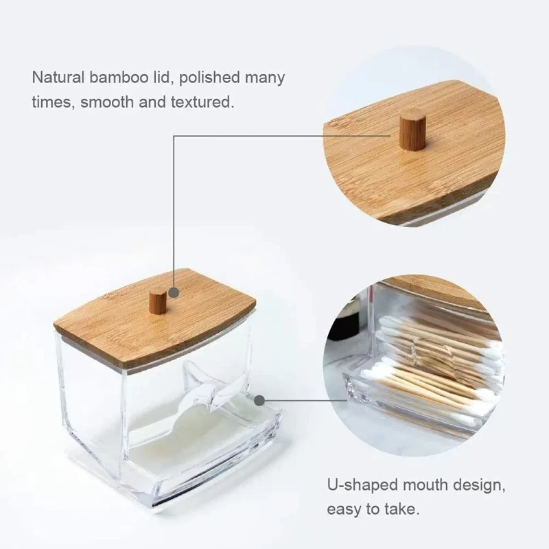 AliExpress Cotton Swab Storage Box Double Head Cotton Buds Container Transparent Square Bamboo Cover Cotton Swab Toothpick Organize Box, view 3