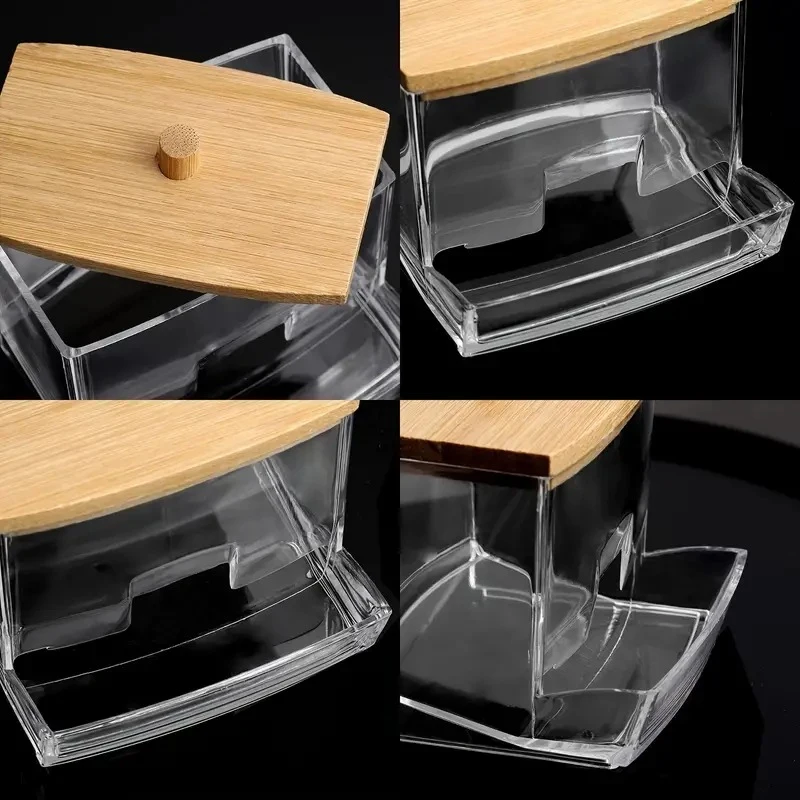 AliExpress Cotton Swab Storage Box Double Head Cotton Buds Container Transparent Square Bamboo Cover Cotton Swab Toothpick Organize Box, view 5
