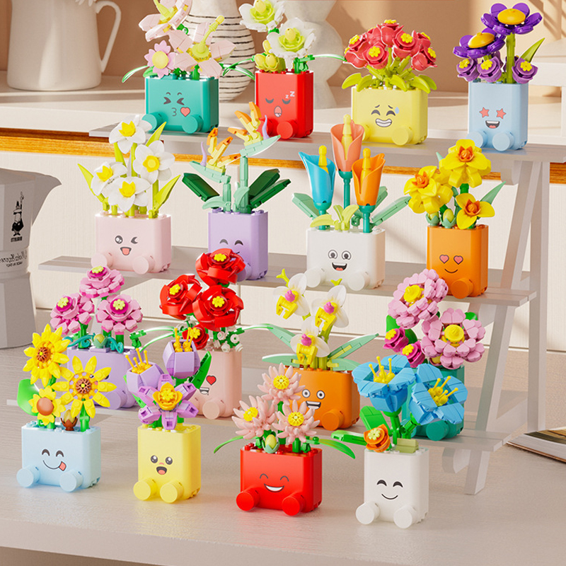 AliExpress Creative Potted Plants Bricks Model Cheerful Flower Botanical Building Blocks Good Mood Assemble Toys Gifts Ornament Decoration, view 2