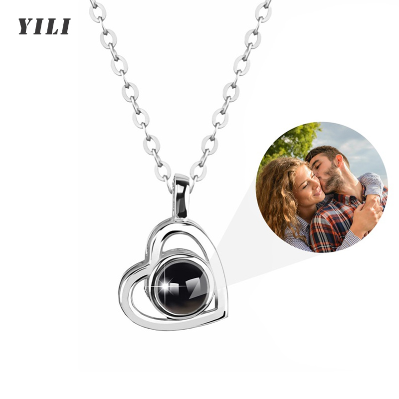 AliExpress Custom Photo Projection Necklace with Picture Inside I Love You Necklace 100 Languages Personalized Heart Pendant Necklace Gift